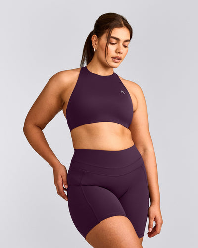 EasyLift™ High Neck Sports Bra with Grey Logo | Blackberry Purple