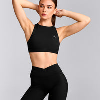 EasyLift™ High Neck Sports Bra with Gray Logo | Black
