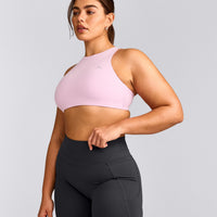 EasyLift™ High Neck Sports Bra with Grey Logo | Chalk Pink
