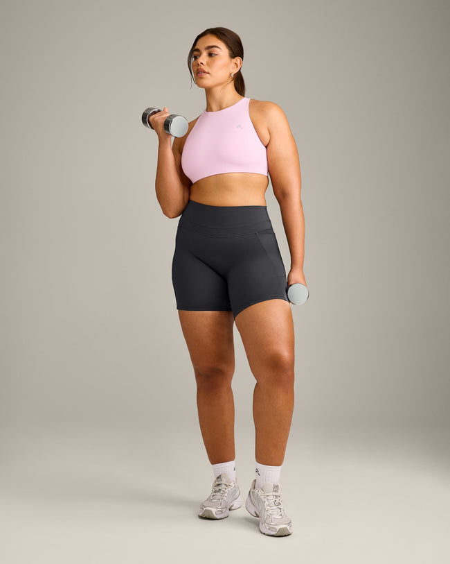 EasyLift™ High Neck Sports Bra with Grey Logo | Chalk Pink