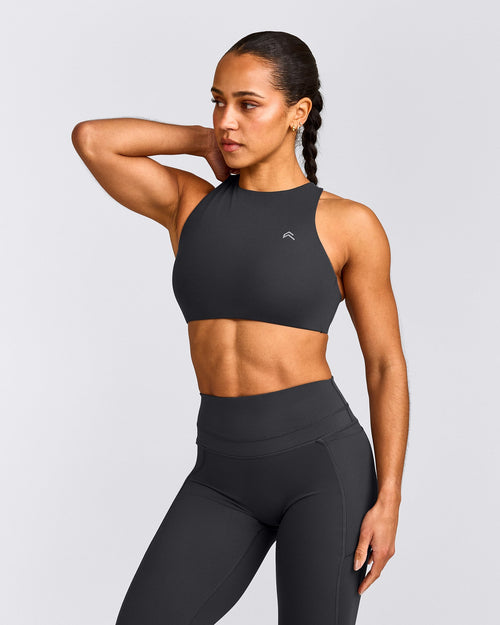 EasyLift™ High Neck Sports Bra with Gray Logo | Coal