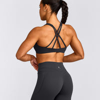 EasyLift™ High Neck Sports Bra with Grey Logo | Coal