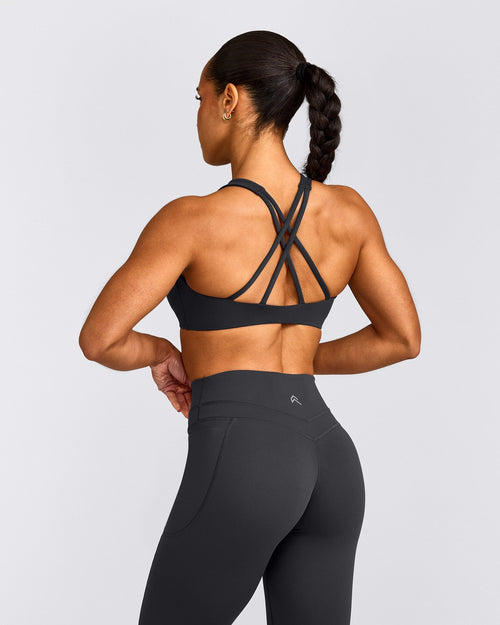 EasyLift™ High Neck Sports Bra with Gray Logo | Coal