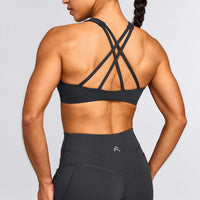 EasyLift™ High Neck Sports Bra with Grey Logo | Coal