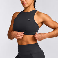EasyLift™ High Neck Sports Bra with Grey Logo | Coal