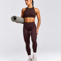 EasyLift™ High Neck Sports Bra with Grey Logo | Plum Brown