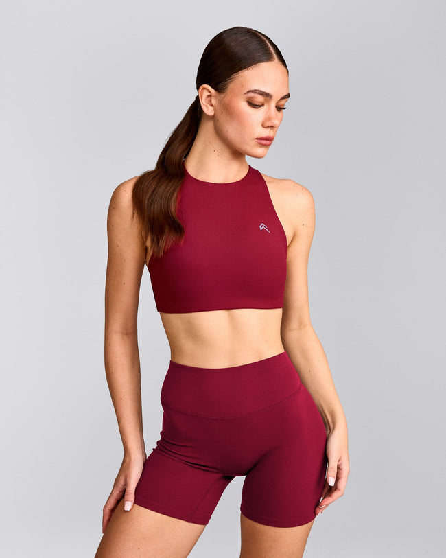 EasyLift™ High Neck Sports Bra with Gray Logo | Ruby Red