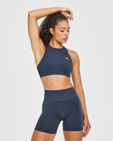 EasyLift™ High Neck Sports Bra with White Logo | True Blue