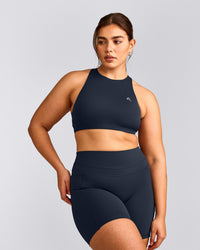EasyLift™ High Neck Sports Bra with Grey Logo | True Blue