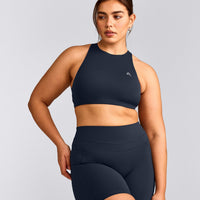 EasyLift™ High Neck Sports Bra with Grey Logo | True Blue