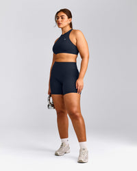 EasyLift™ High Neck Sports Bra with Grey Logo | True Blue