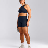 EasyLift™ High Neck Sports Bra with Grey Logo | True Blue