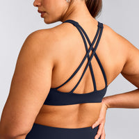 EasyLift™ High Neck Sports Bra with Grey Logo | True Blue