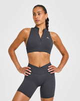 EasyLift™ Zip High Neck Sports Bra with White Logo | Coal