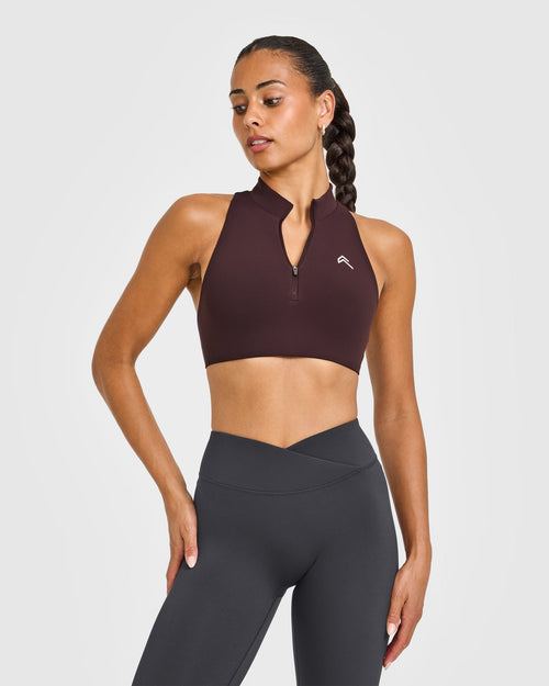 Oner Modal EasyLift™ Zip High Neck Sports Bra with White Logo | Plum Brown