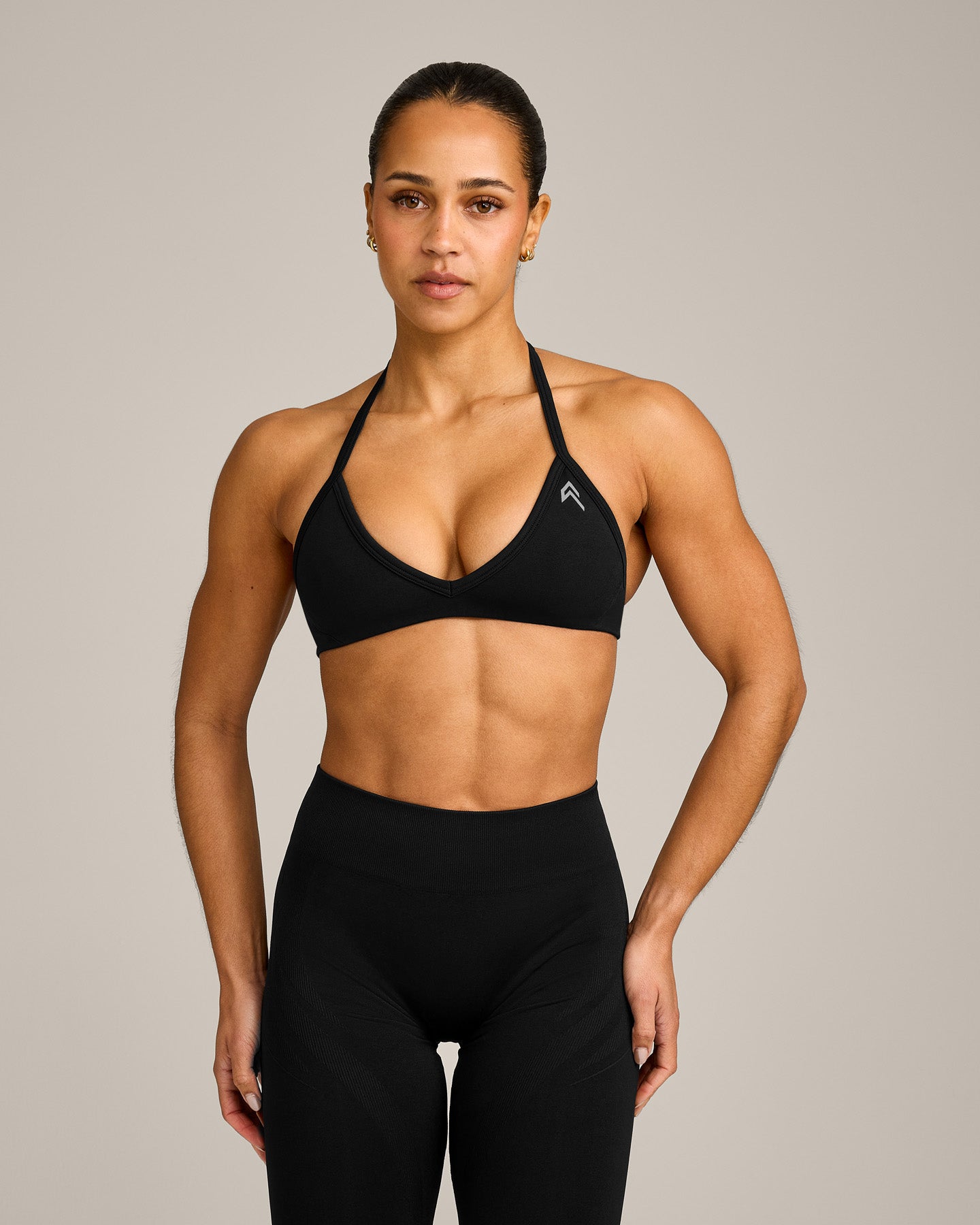 EnhanceLift™ Seamless Minimal Halter Neck Bralette with Grey Logo | Black
