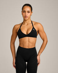 EnhanceLift™ Seamless Minimal Halter Neck Bralette with Grey Logo | Black
