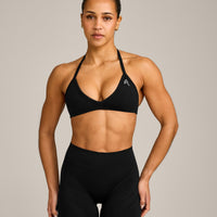 EnhanceLift™ Seamless Minimal Halter Neck Bralette with Grey Logo | Black