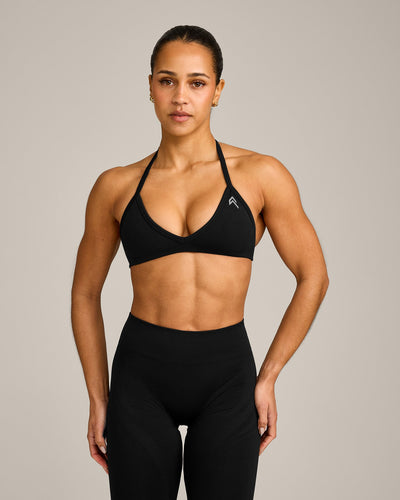 EnhanceLift™ Seamless Minimal Halter Neck Bralette with Grey Logo | Black