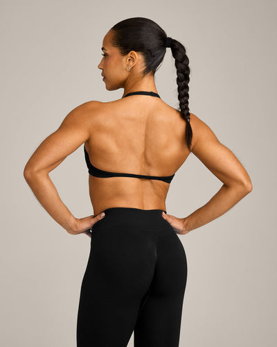 EnhanceLift™ Seamless Minimal Halter Neck Bralette with Grey Logo | Black