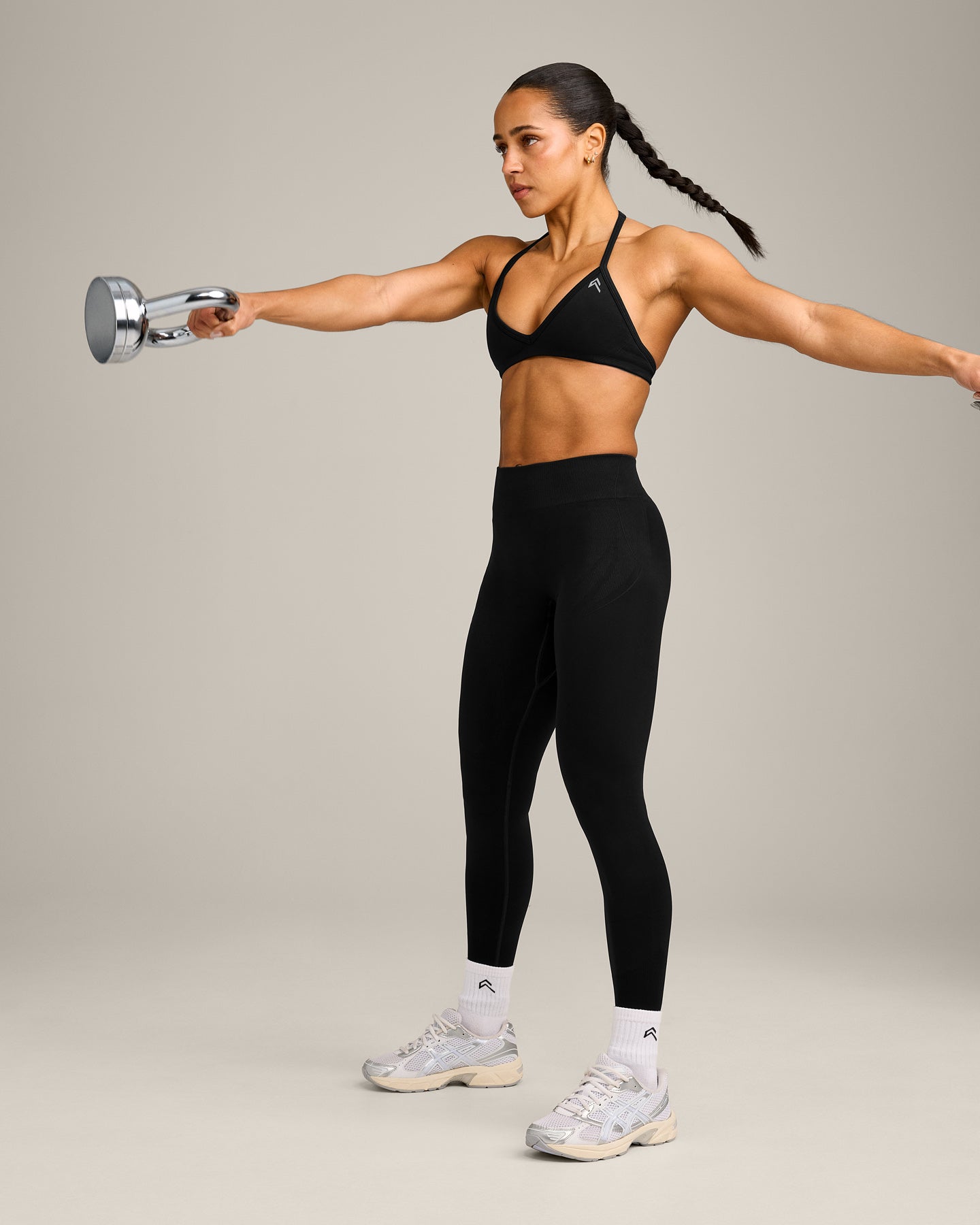 EnhanceLift™ Seamless Minimal Halter Neck Bralette with Grey Logo | Black