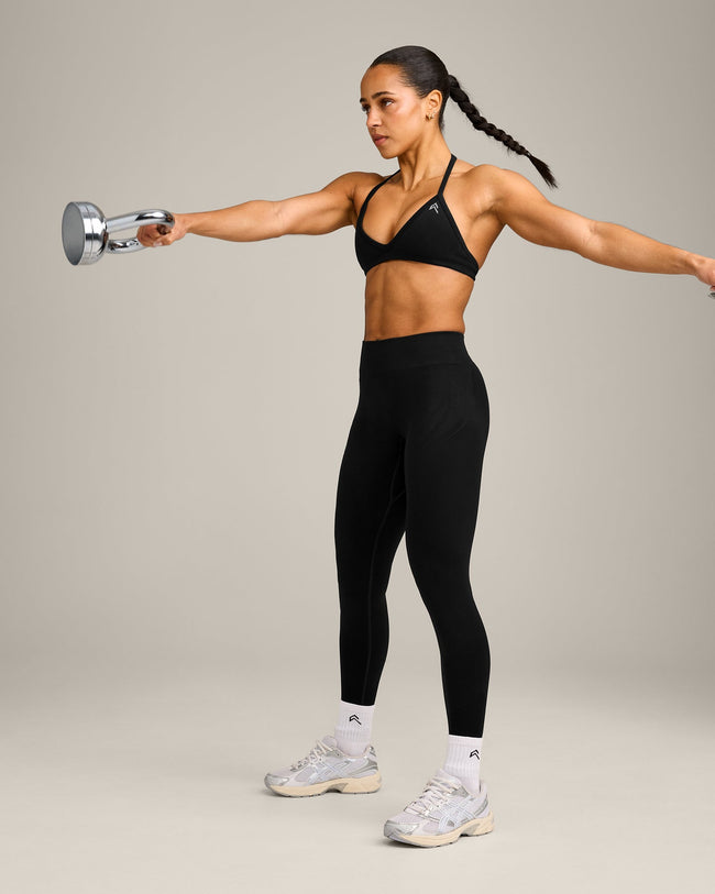 EnhanceLift™ Seamless Minimal Halter Neck Bralette with Grey Logo | Black