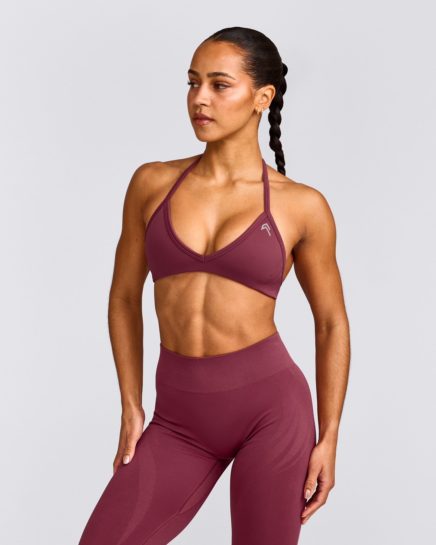 EnhanceLift™ Seamless Minimal Halter Neck Bralette with Gray Logo | Burnt Maroon Red