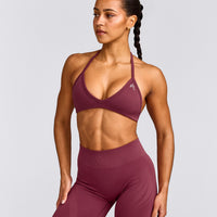 EnhanceLift™ Seamless Minimal Halter Neck Bralette with Gray Logo | Burnt Maroon Red