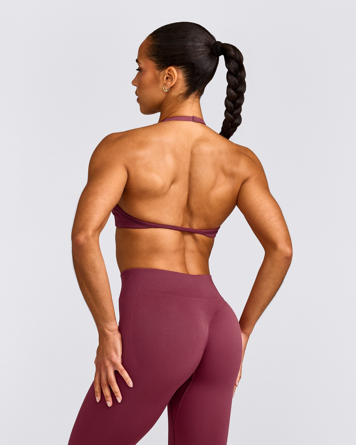 EnhanceLift™ Seamless Minimal Halter Neck Bralette with Gray Logo | Burnt Maroon Red