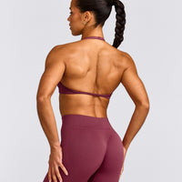 EnhanceLift™ Seamless Minimal Halter Neck Bralette with Gray Logo | Burnt Maroon Red