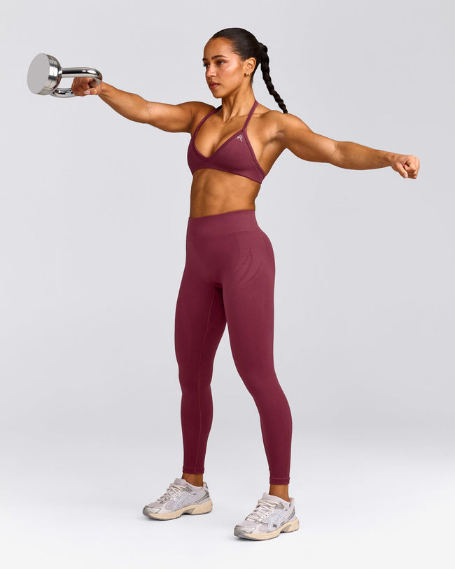EnhanceLift™ Seamless Minimal Halter Neck Bralette with Gray Logo | Burnt Maroon Red