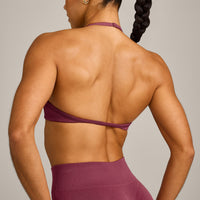 EnhanceLift™ Seamless Minimal Halter Neck Bralette with Grey Logo | Burnt Maroon