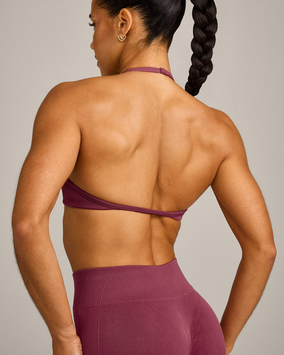 EnhanceLift™ Seamless Minimal Halter Neck Bralette with Grey Logo | Burnt Maroon