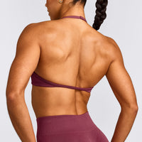 EnhanceLift™ Seamless Minimal Halter Neck Bralette with Gray Logo | Burnt Maroon Red