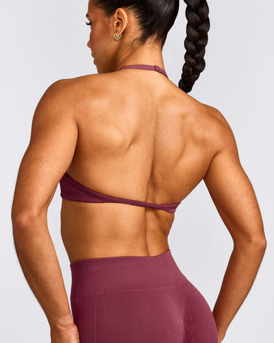 EnhanceLift™ Seamless Minimal Halter Neck Bralette with Gray Logo | Burnt Maroon Red
