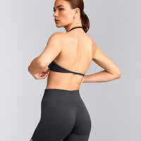 EnhanceLift™ Seamless Minimal Halter Neck Bralette with Grey Logo | Coal