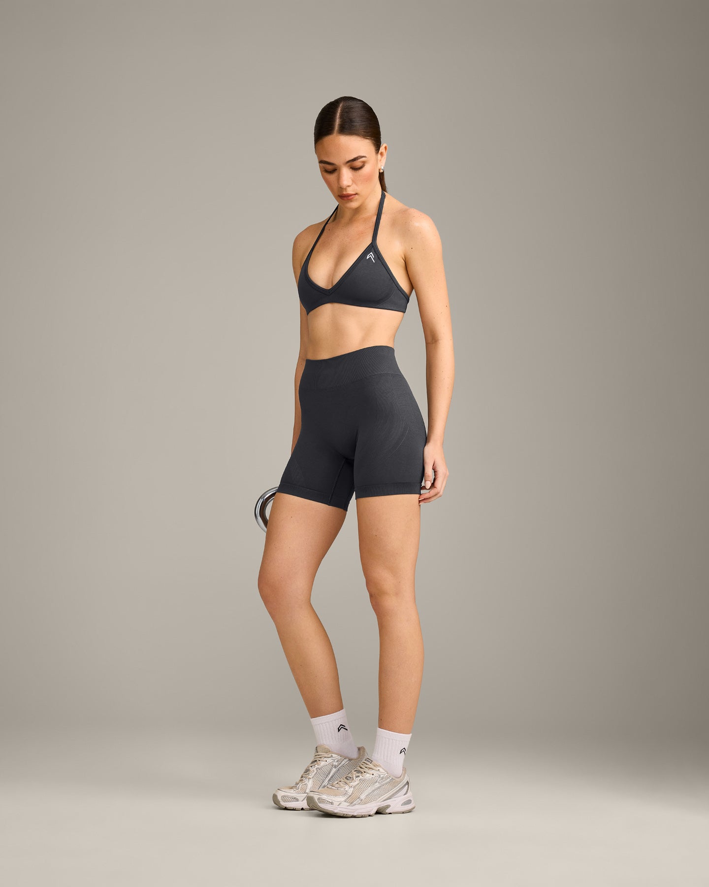 EnhanceLift™ Seamless Minimal Halter Neck Bralette with Grey Logo | Coal