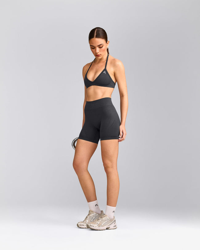 EnhanceLift™ Seamless Minimal Halter Neck Bralette with Grey Logo | Coal