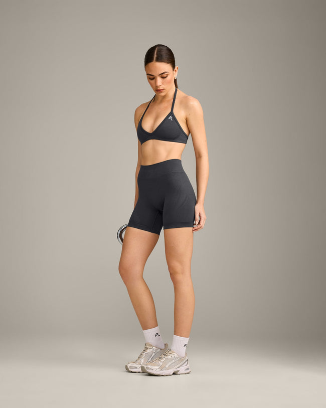 EnhanceLift™ Seamless Minimal Halter Neck Bralette with Grey Logo | Coal