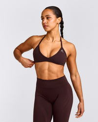 EnhanceLift™ Seamless Minimal Halter Neck Bralette with Grey Logo | Plum Brown