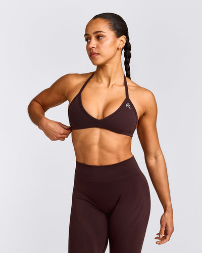 EnhanceLift™ Seamless Minimal Halter Neck Bralette with Grey Logo | Plum Brown