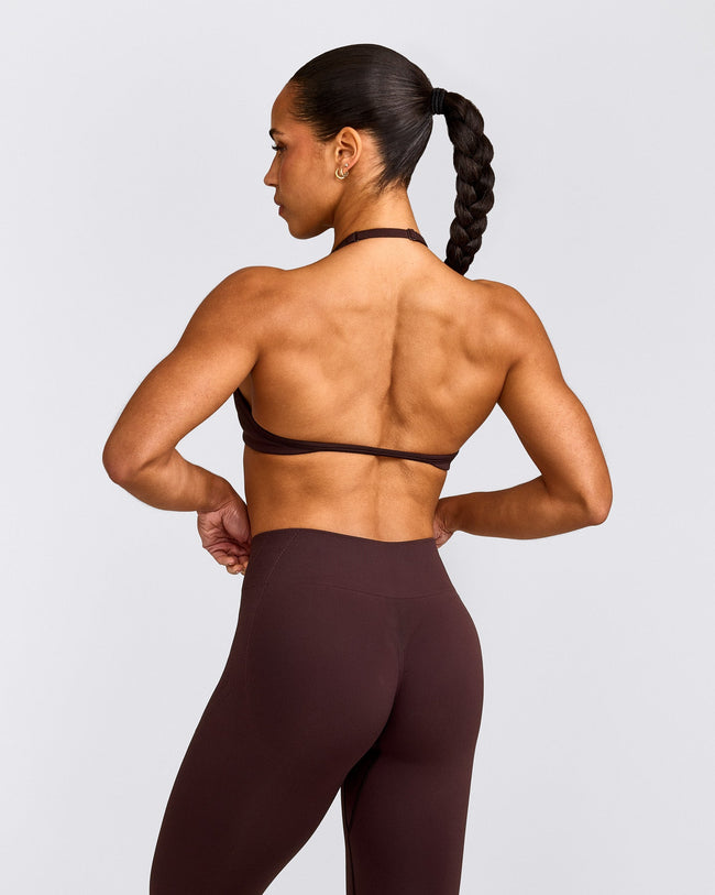 EnhanceLift™ Seamless Minimal Halter Neck Bralette with Grey Logo | Plum Brown
