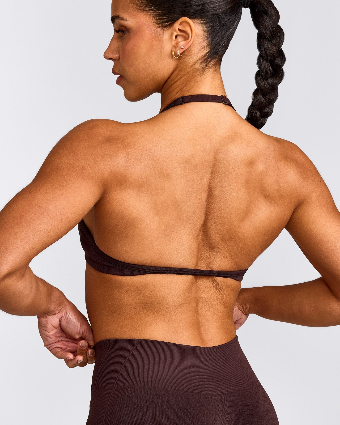 EnhanceLift™ Seamless Minimal Halter Neck Bralette with Grey Logo | Plum Brown