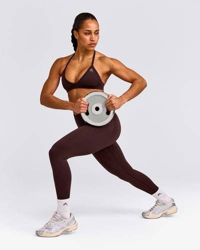 EnhanceLift™ Seamless Minimal Halter Neck Bralette with Grey Logo | Plum Brown