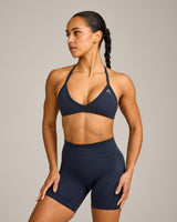 EnhanceLift™ Seamless Minimal Halter Neck Bralette with Grey Logo | True Blue