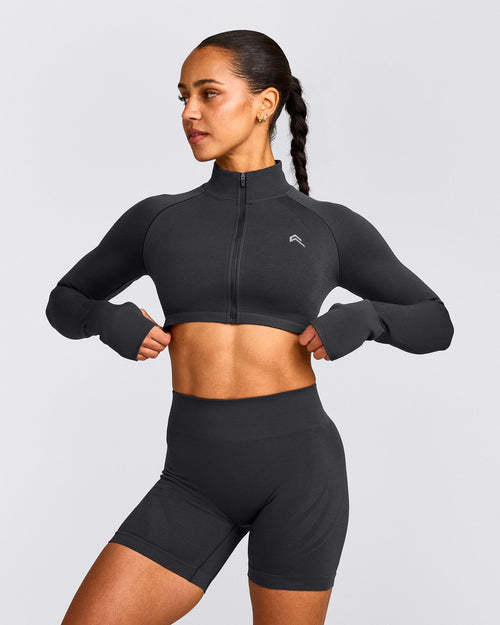 EnhanceLift™ Seamless Crop Jacket with Gray Logo | Coal