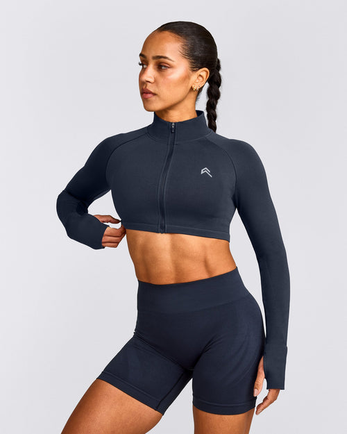 EnhanceLift™ Seamless Crop Jacket with Gray Logo | True Blue