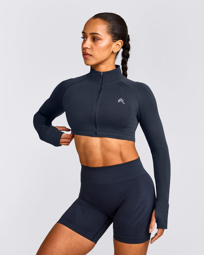 EnhanceLift™ Seamless Crop Jacket with Grey Logo | True Blue