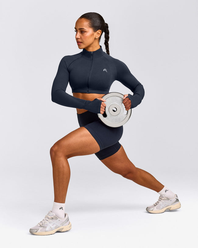 EnhanceLift™ Seamless Crop Jacket with Grey Logo | True Blue
