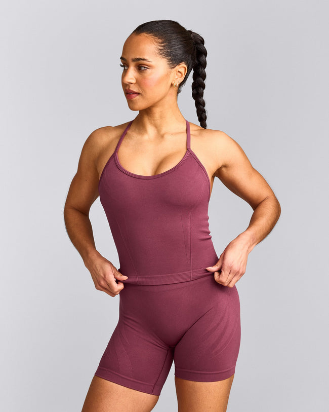 EnhanceLift™ Seamless Strappy Racer Vest with Built in Bra Shelf with Grey Logo | Burnt Maroon